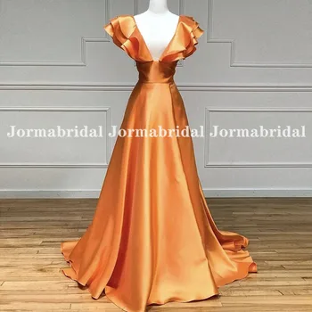 Ruffles Giliai V-Kaklo Prom Dresses 2022 Paprasta-line Satininiu Oranžinės spalvos vakarinę Suknelę Moteris Oficialią Šalies Chalatai Abito Cerimonia Donna