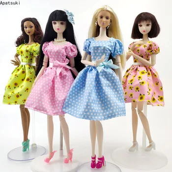 Pavasario Polka Bowknot Saulėgrąžų Suknelė Barbie Lėlės Drabužiai, Vakaro Suknelės Drabužius Barbie, Komplektai, Aksesuarai, 1:6