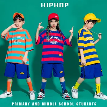 Vaikas Vasarą Hip-Hop Drabužių Ilgas Dryžuotas Negabaritinių Marškinėliai Viršuje Streetwear Mėlyna Krovinių Šortai Mergaitėms Berniukas Kostiumas Drabužiai
