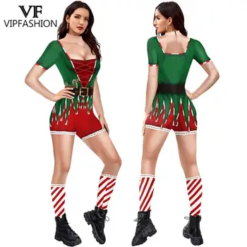 VIP MADOS Seksualių Moterų Kalėdų Jumpsuit ilgomis Rankovėmis Naujųjų Metų Romper Bodysuit Santa Claus 3D Spausdinimo Cosplay Kostiumas