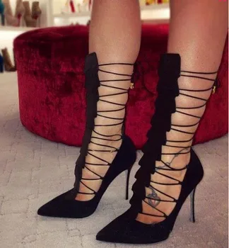 Prekės LTTL seksualus cut-out nėrinių blauzdos batai pažymėjo tne stiletto kulniukai vasaros ilgi batai juodi batai zapatos mujer