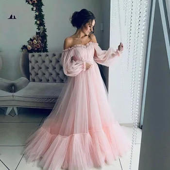 Elegantiškas Ilgas Rankoves-Line Vakaro Suknelės 2023 Rožinės spalvos Tiulio Prom Chalatai, Plius dydis Šalis Suknelė vestidos elegantes para mujer