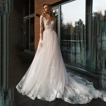 Rusijos Linijos, Elegantiškas Senovinių Vestuvių Suknelės Ilgomis Rankovėmis Nėrinių Vestuvių Suknelės 2021 Nuotakos Suknelė Aplikacijos Haute Couture Vestidos